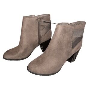 Womens Ankle Boots Taupe Faux Suede Stacked Heel Side Zip Casual Shoes